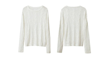 Hellweißer Damen-Strickpullover mit Rundhalsausschnitt und feinem Zopfmuster, Langarm