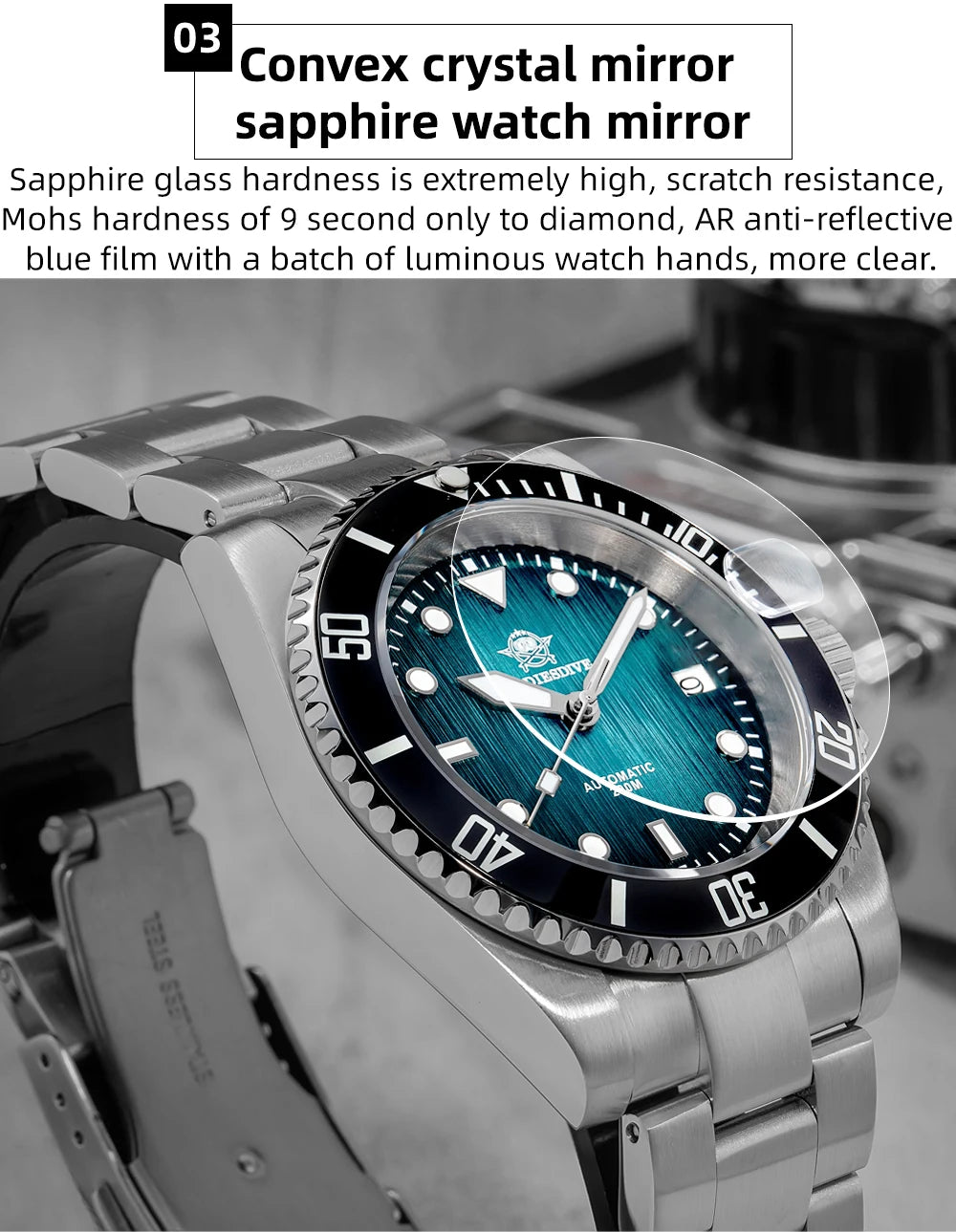 Herren Automatikuhr mechanisch Saphirglas 8215 200m wasserdicht Leuchtzeiger Edelstahl