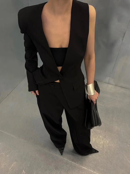 Zweiteiliges Damen-Set mit Reverskragen, langärmligem Patchwork-Blazer und hoch taillierter Hose – lässig und stilvoll