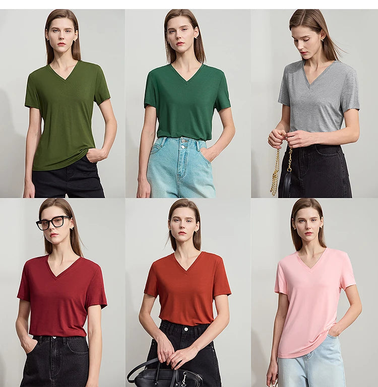 Damen T-Shirt im minimalistischen Casual-Stil mit V-Ausschnitt und kurzen Ärmeln