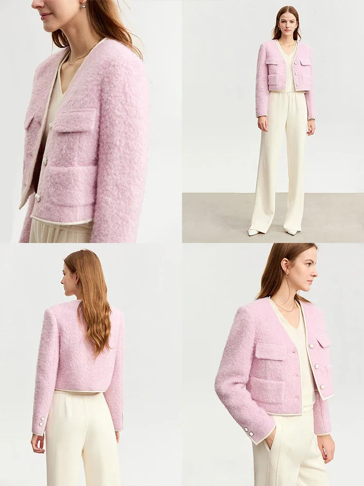 Damen Wollmantel im minimalistischen Design mit V-Ausschnitt und Taschen