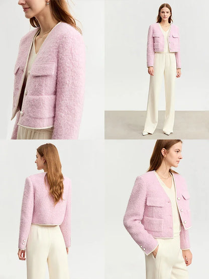 Damen Wollmantel im minimalistischen Design mit V-Ausschnitt und Taschen