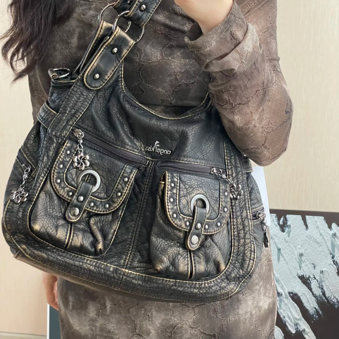 Damen-Schultertasche aus PU Bronze Retro-Stil mit Topgriff und Smartphonefach große Kapazität