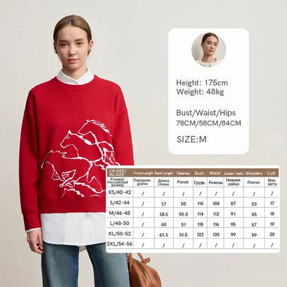 Damen-Rundhalspullover Tier-Jacquard locker Langarm Winter