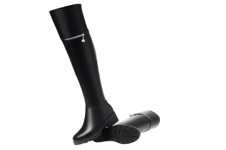 AIYUQI Women's Over Knee Boots Winter Fashion Middle Heel Fur Long Boots Women Genuine Leather Rider Boots Ladies
