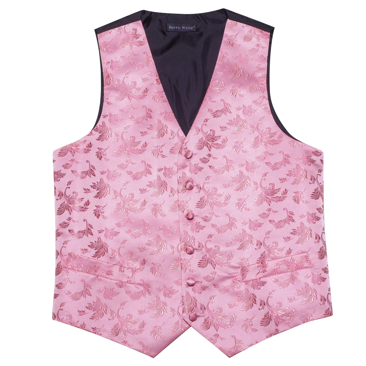 Rosa Satin-Herrenweste mit floraler Stickerei, V-Ausschnitt und Knopfleiste