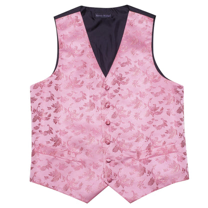 Rosa Satin-Herrenweste mit floraler Stickerei, V-Ausschnitt und Knopfleiste