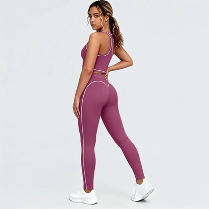 Yoga-Set mit kurzem Sport-Top und Leggings, lila, kontrastierte Paspeln an Seiten