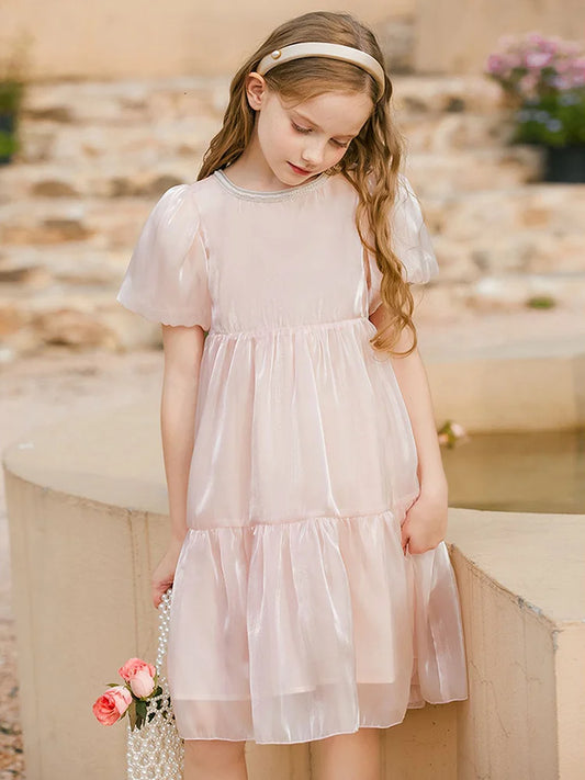 Sommerliches Mädchenkleid aus 100% Baumwolle mit Blumenmuster und kurzen Ärmeln in Lila – für Kinder von 3 bis 14 Jahren