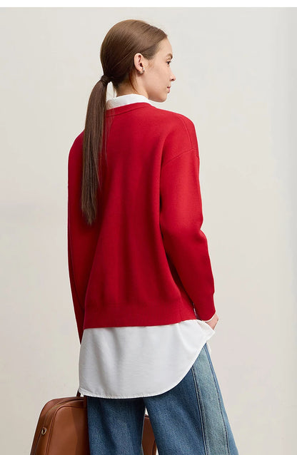 Damen-Rundhalspullover Tier-Jacquard locker Langarm Winter