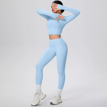 Hellblaues Damen-Yogaset mit Reißverschluss-Sportshirt und Leggings, Armhaltung
