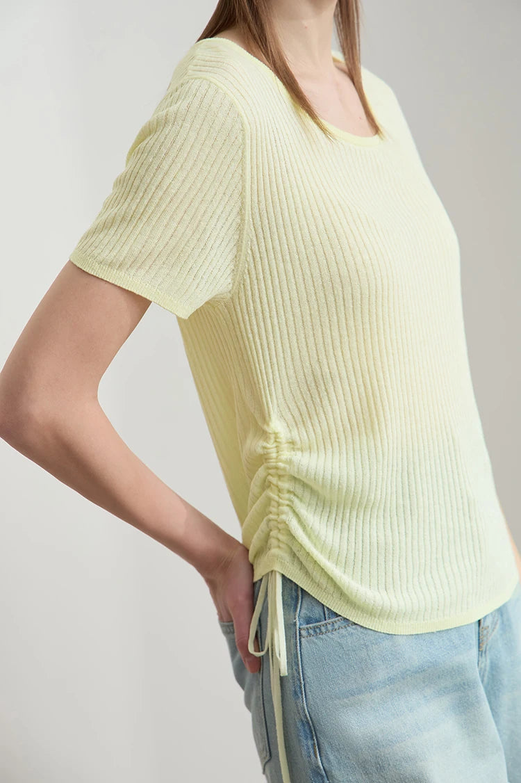 Damen-Strickpullover mit Rundhalsausschnitt, Kurzarm und Kordelzug am Saum, gelblich