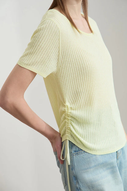 Damen-Strickpullover mit Rundhalsausschnitt, Kurzarm und Kordelzug am Saum, gelblich