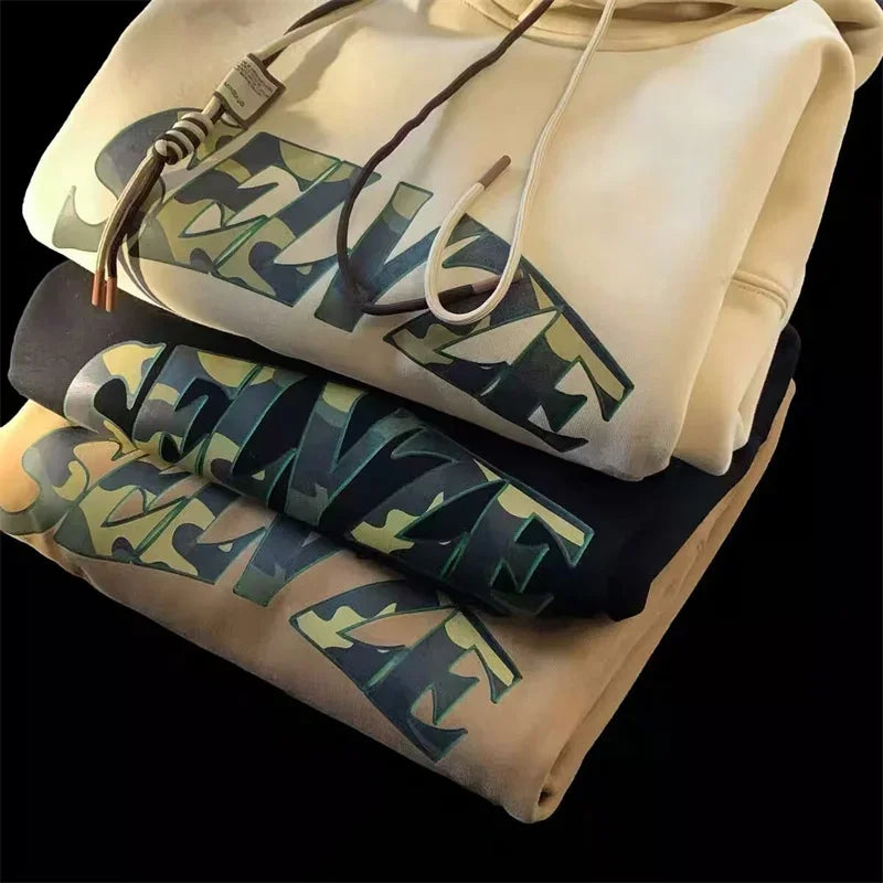 New in Camouflage Letter Printed Hooded Sweatshirts For Men Autumn Punk Hip Hop Fashion Hoodies Y2K Streetwear Fleece Hoody