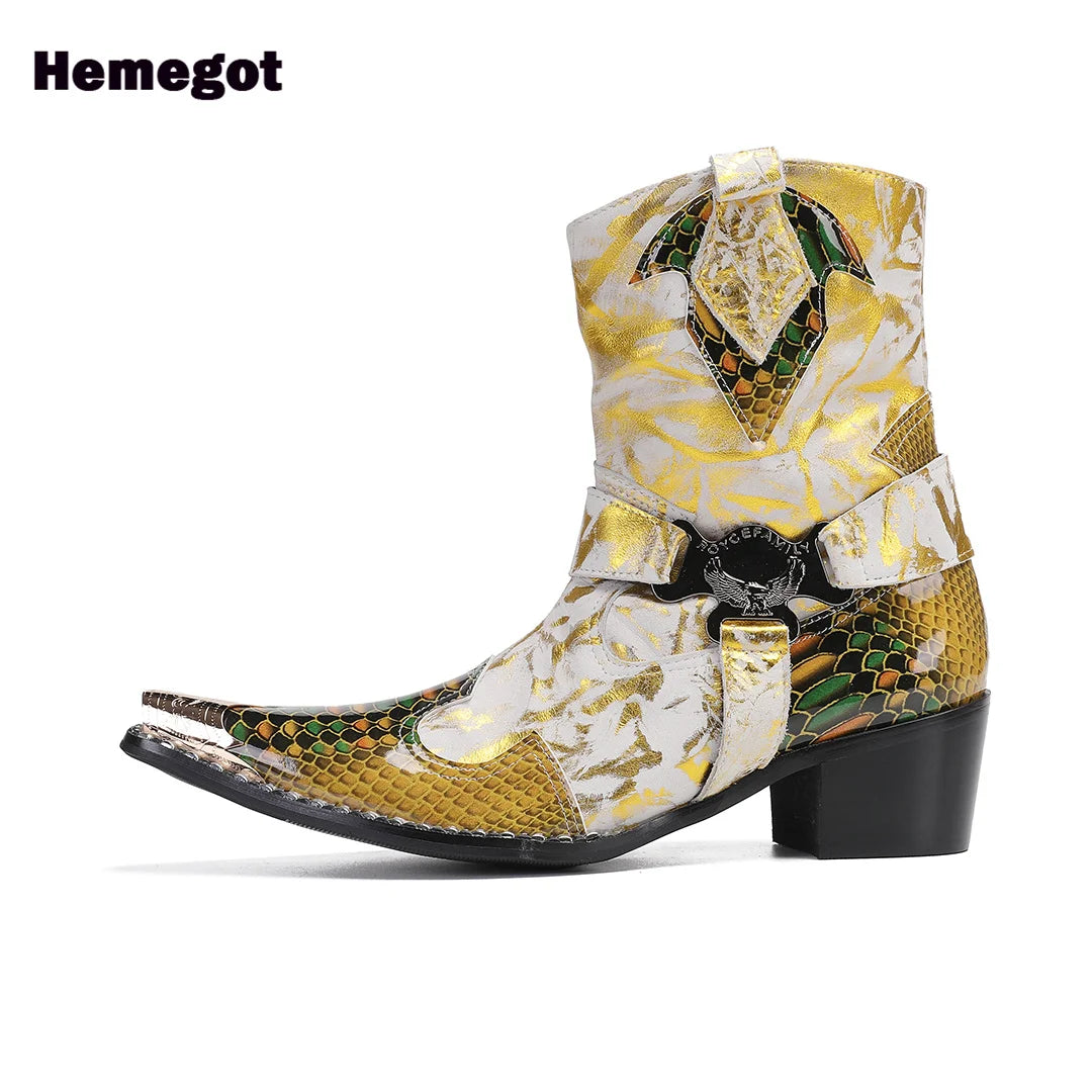 Herren-Stiefelette mit spitzer Kappe, gold-weißem Schlangenmuster und Seitenreißverschluss