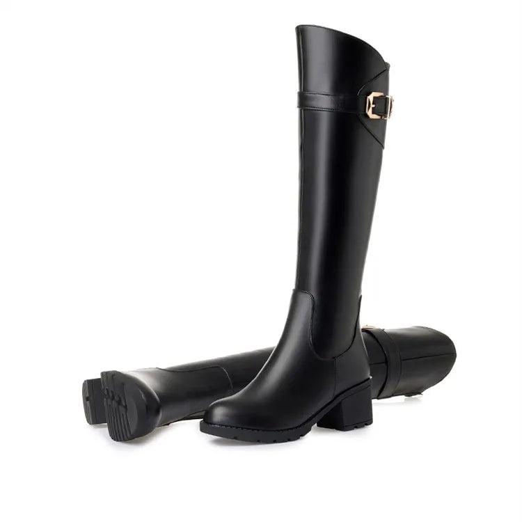 Damenstiefel, schwarz, hoher Schaft, runde Spitze, Blockabsatz, verstellbarer Riemen