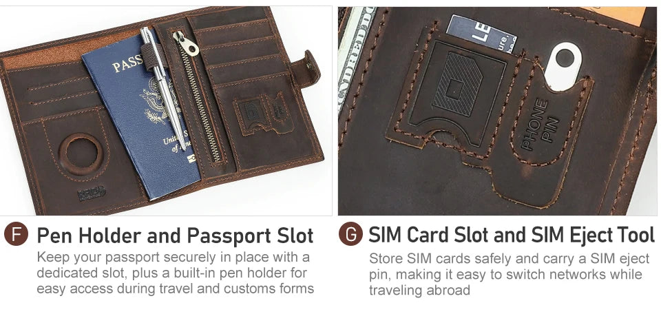 Reisepass-Brieftasche mit Stifthalter, Reisepassfach sowie SIM-Kartenfach und SIM-Auswurfwerkzeug.