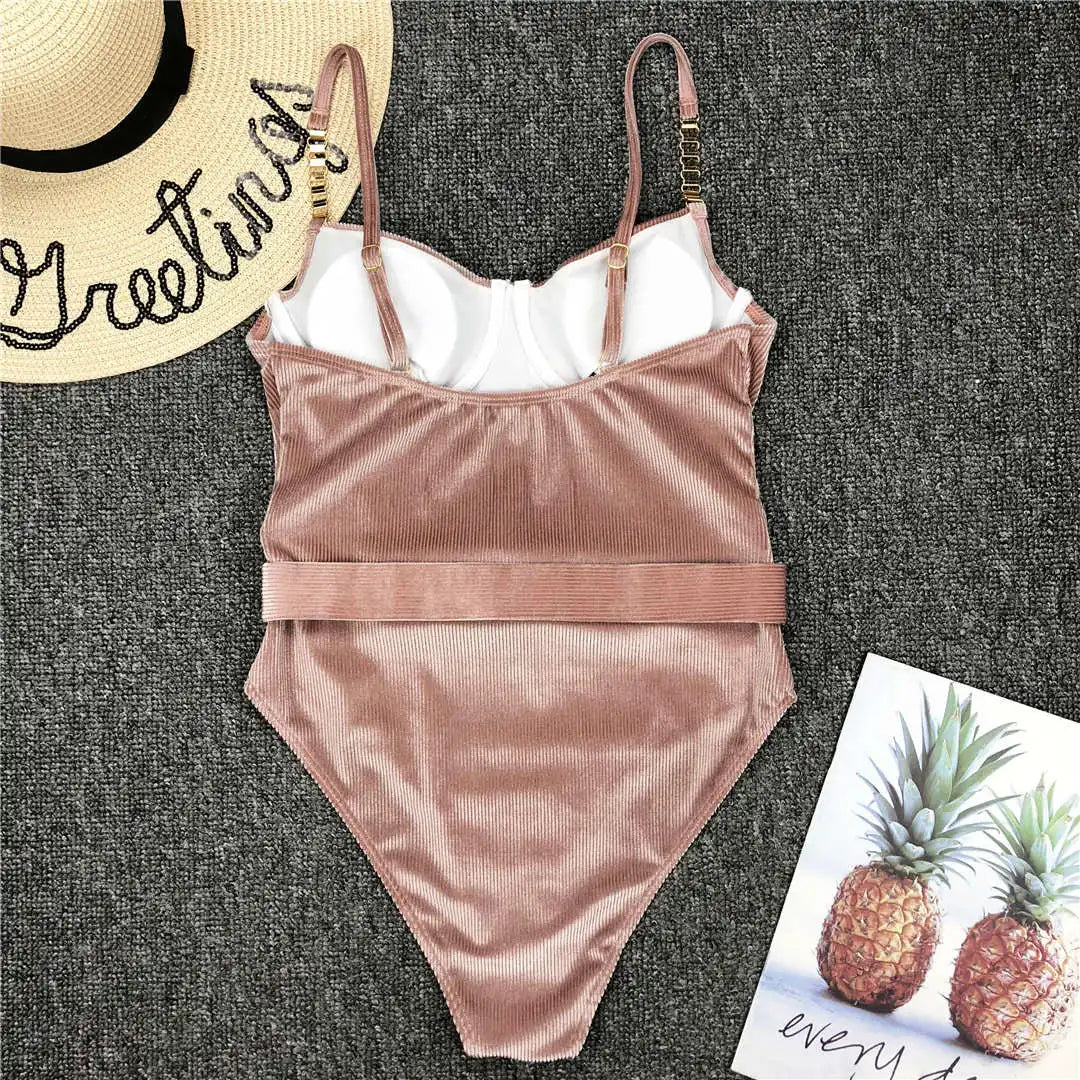 Damen-Badeanzug Rippe Gürtel High-Cut Bodysuit einteilig
