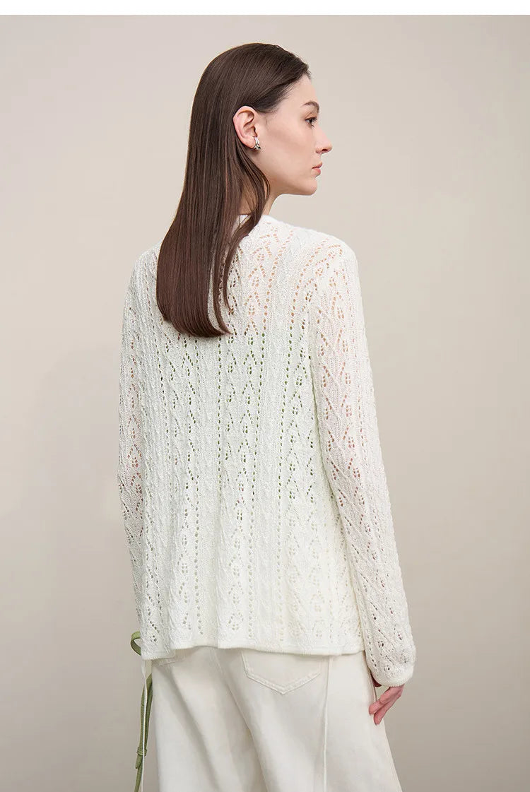 Damen-Strickjacke V-Ausschnitt Wolle Hohlstrick locker Langarm Frühling