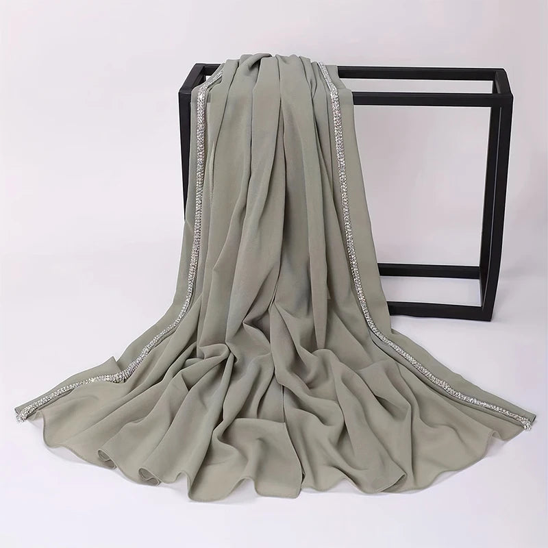 Damen Chiffon Hijab Schal Perlen Strass Glitzer Stirnband Foulard muslimisch