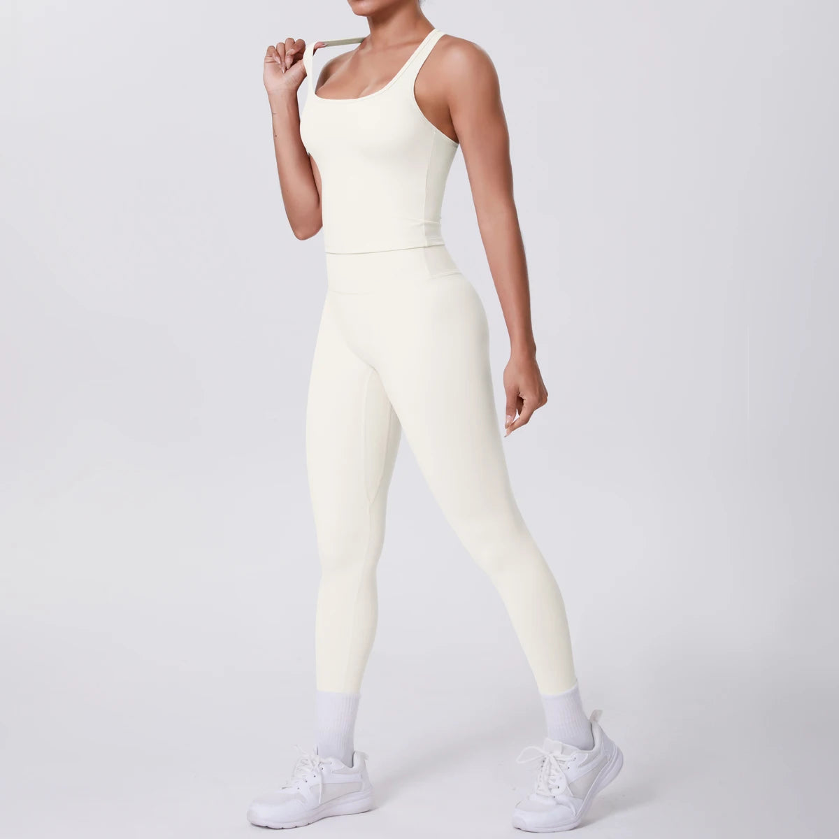 Damen Yoga-Set mit Trägertop und Leggings, einfarbig hell (creme), Seitenansicht