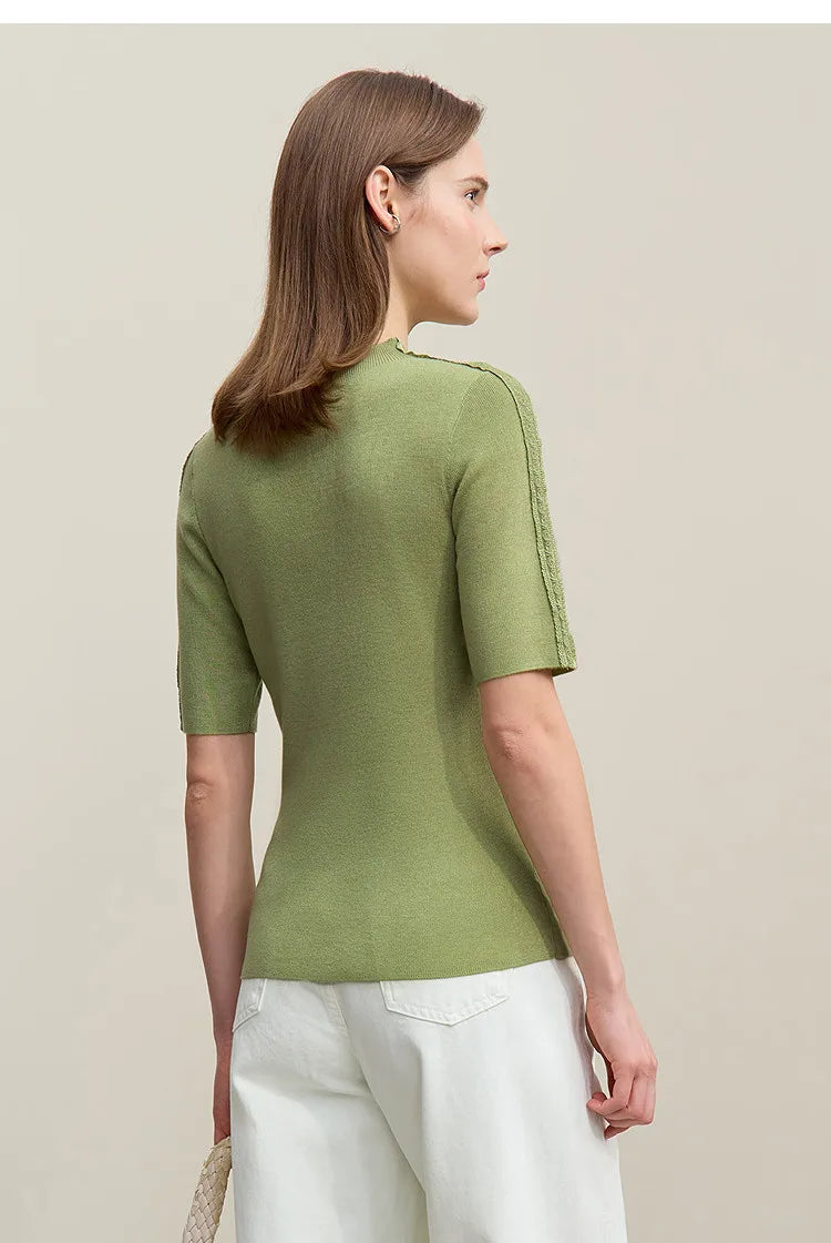 Damenpullover mit Kurzarm, olivgrün, glatter Feinstrick mit schmalem Stricksaum