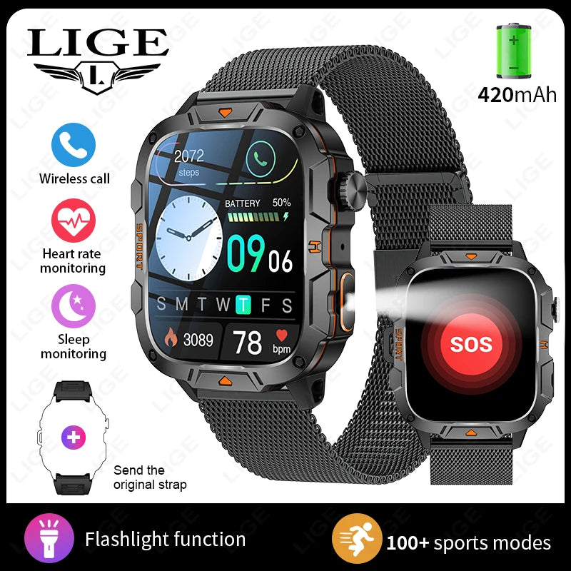 LIGE 2024 Männer Frauen Smart Uhr Bluetooth Anruf Musik Spiel Stimme Assistent Smartwatch Outdoor Fitness Sport Taschenlampe Armbanduhr