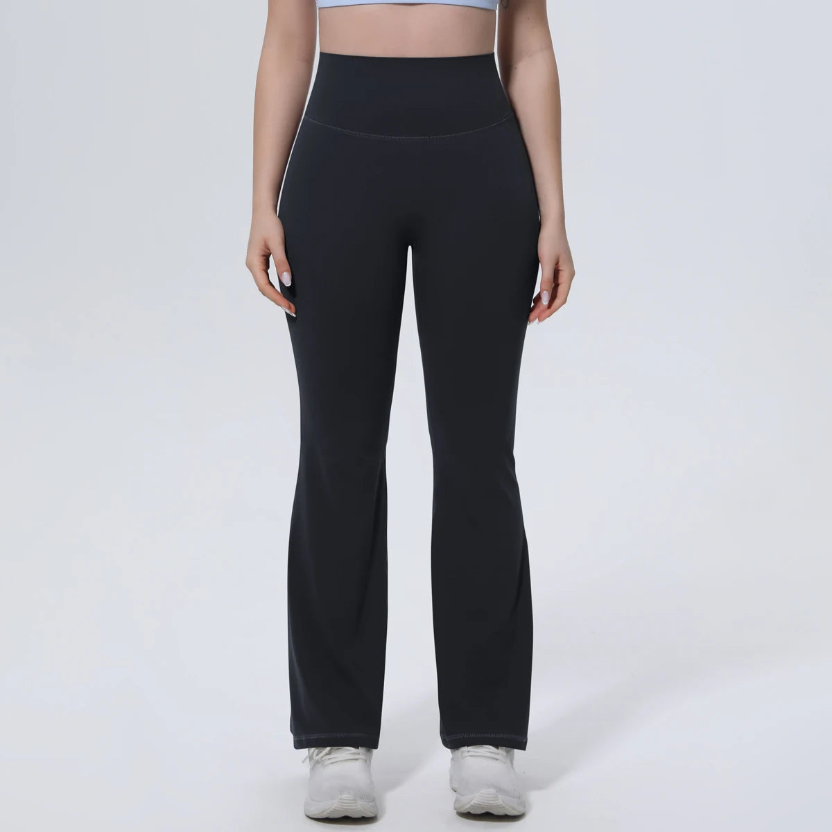 Damen-Yogahose, lang, schwarz, High-Waist Bund, weite Bootcut-Passform