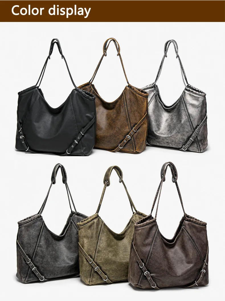 Damen-Schultertasche aus weichem PU mit verstellbaren Schnallenriemen und großem Fassungsvermögen dunkelgrau