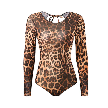 Damen Badeanzug Leopardenmuster Rock Langarm Einteiler hoher Beinausschnitt