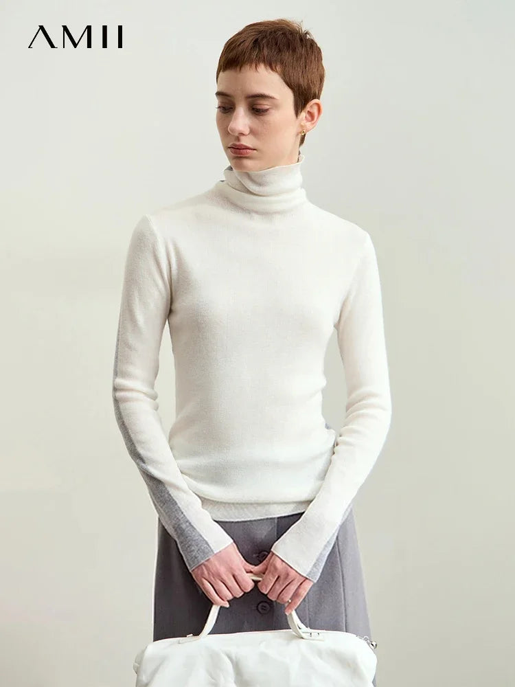 Damen-Rollkragenpullover Wolle-Mix Patchwork schlank Winter