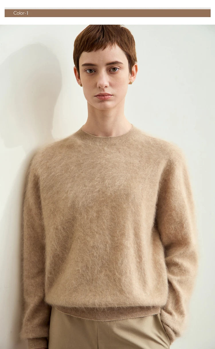 Damenpullover aus warmem Strick, O-Ausschnitt, locker sitzend, lange Ärmel, beige