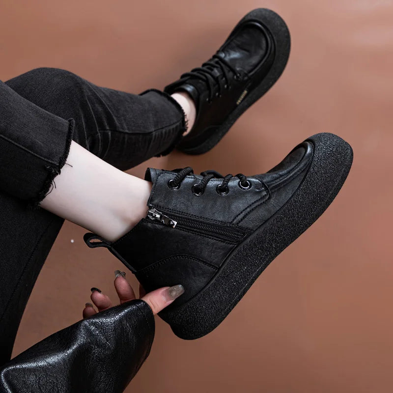 AIYUQI Damen-Stiefeletten, schwarz, Schnürung, seitlicher Reißverschluss, Profilsohle