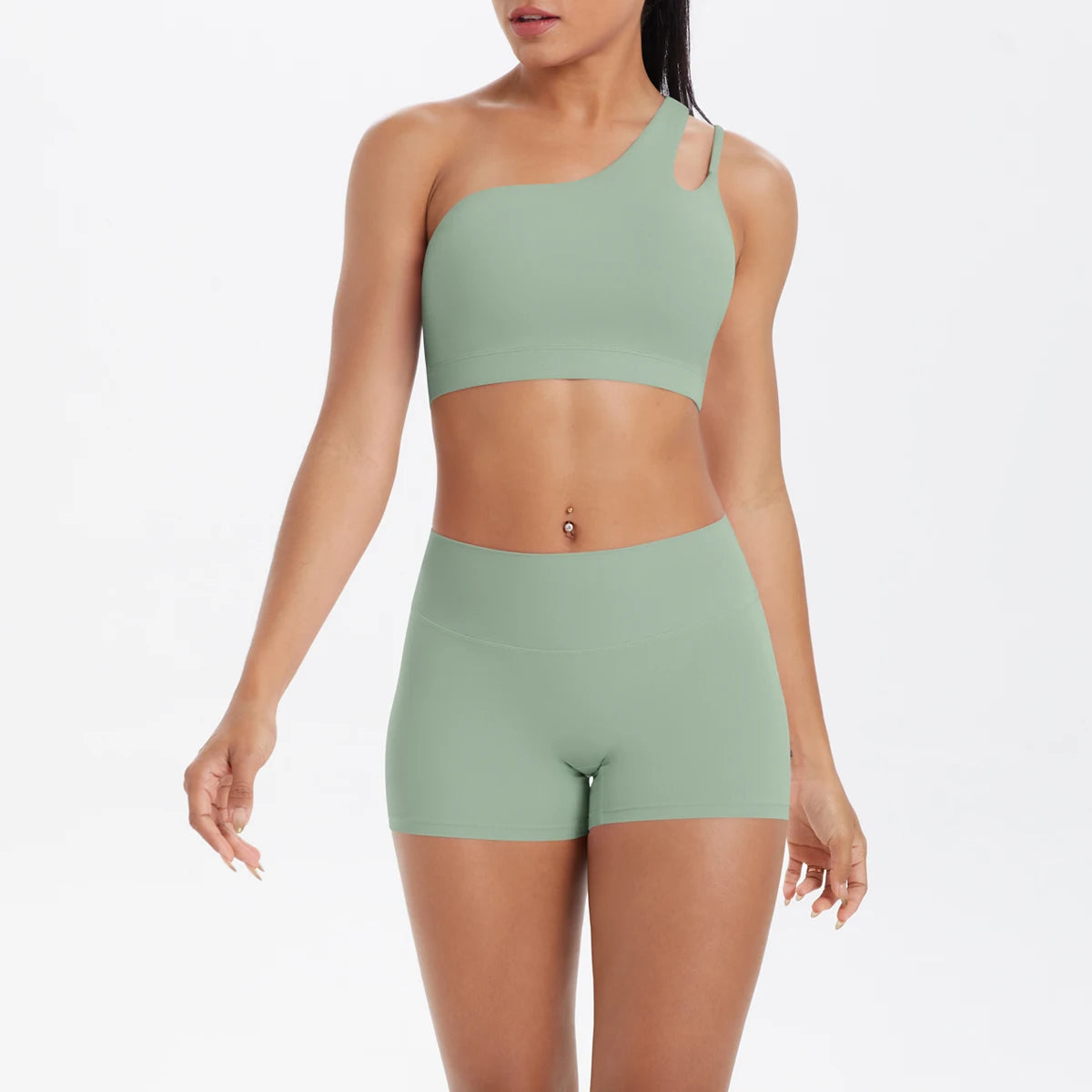 Damen-Yoga-Set: Sport-BH-Top und High-Waist Shorts, atmungsaktiv, mintgrün