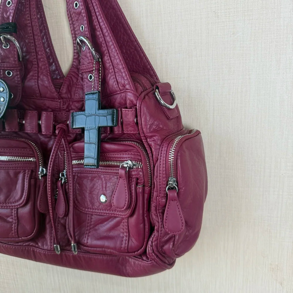Damen-Handtasche Weinrot Aus PU Mit Reißverschluss Und Innenfach Und Handyfach Im Satchel-Stil