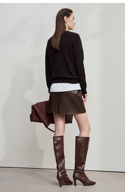 Damenpullover mit Rundhalsausschnitt, langärmelig, schwarzer Strick