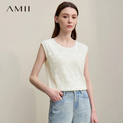 Damen-Rundhalspullover ärmellos Jacquard locker kurz Viskose Sommer
