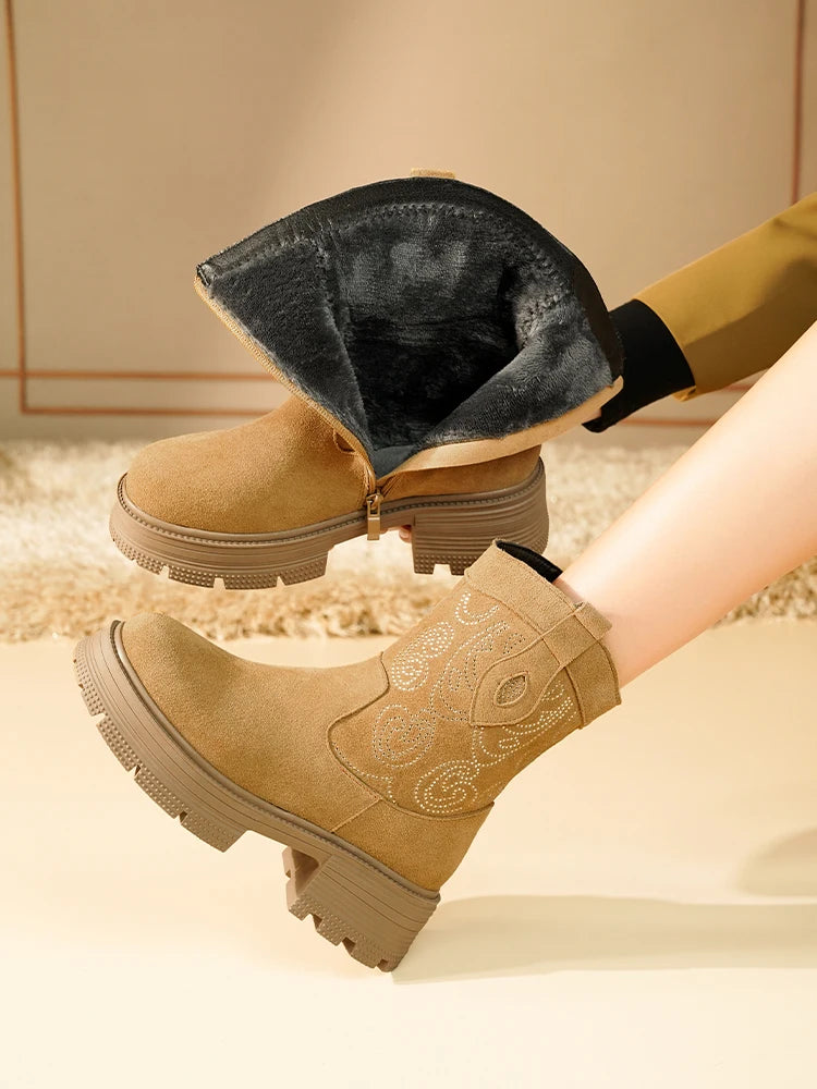 AIYUQI Western Cowboy Boots Women 2025 New Genuine Leather Winter Shoes Boots Women Short Tube Fashion Women's Snow Boots