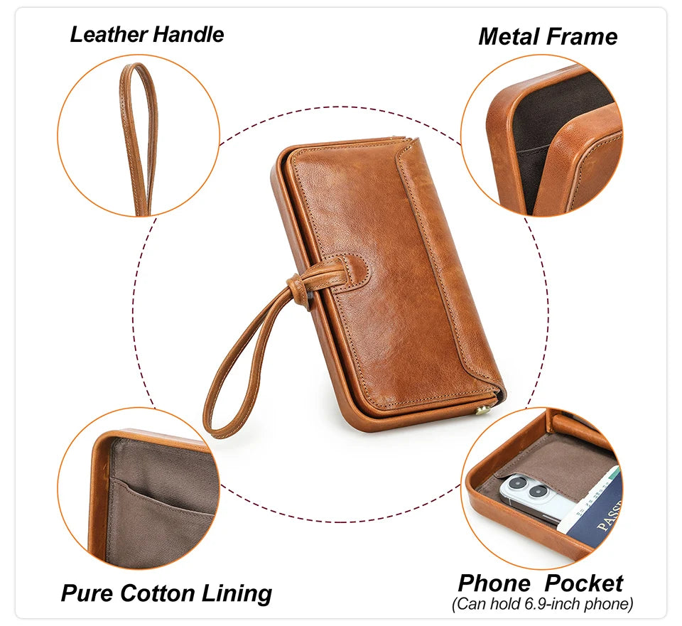 Karamellbraune Lederhandgelenktasche mit Metallrahmen, Handytasche und Stofffutter.