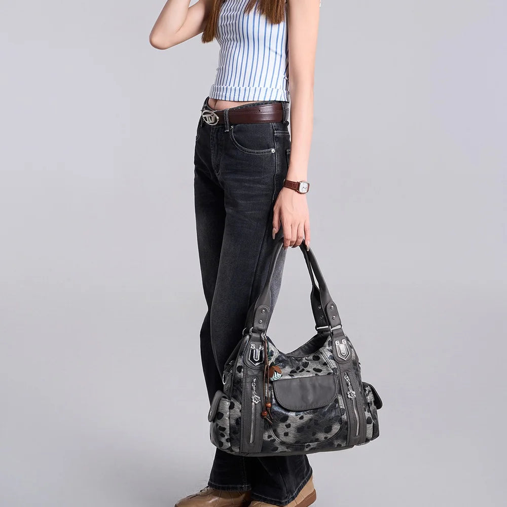 Damen-Hobo-Tasche aus gewaschenem Leder mit grau-Leoparden-Print und mehreren Fächern und viel Stauraum