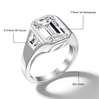 Unisex-Verlobungsring Moissanit im Smaragdschliff Drei-Stein-Design aus 925 Silber