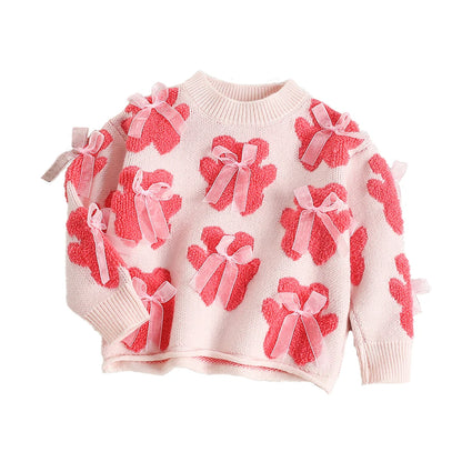 Mädchen Pullover aus gestricktem Material mit süßem Bär und Bogen