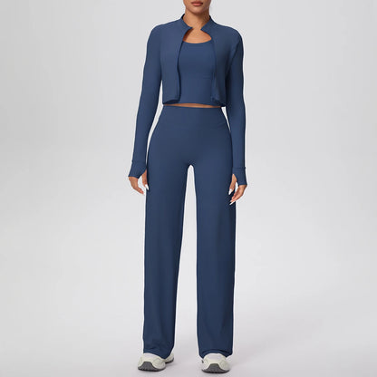 Yoga-Set: dunkelblaues Zip-Jacke-Crop mit langer Ärmel und weiter Hose