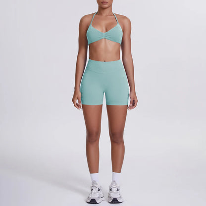 Damen-Yoga-Set: nahtloser Sport-BH und High-Waist-Shorts in Türkis