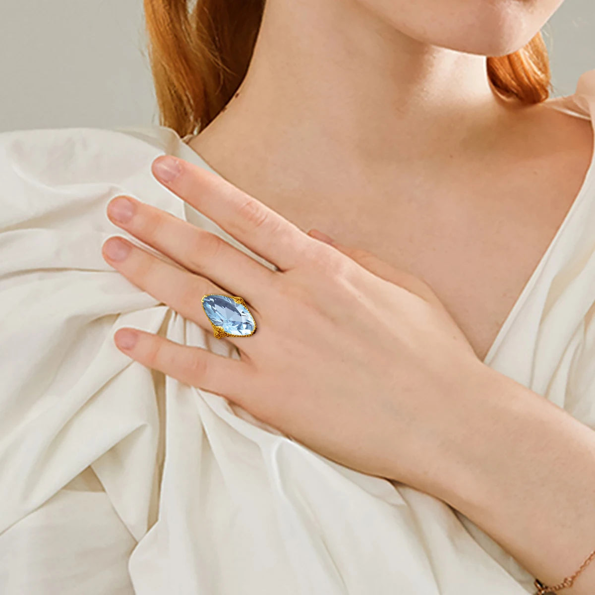 Damen-Ring aus 925er Sterlingsilber mit Aquamarin-Ovalstein, Cocktailring für Party