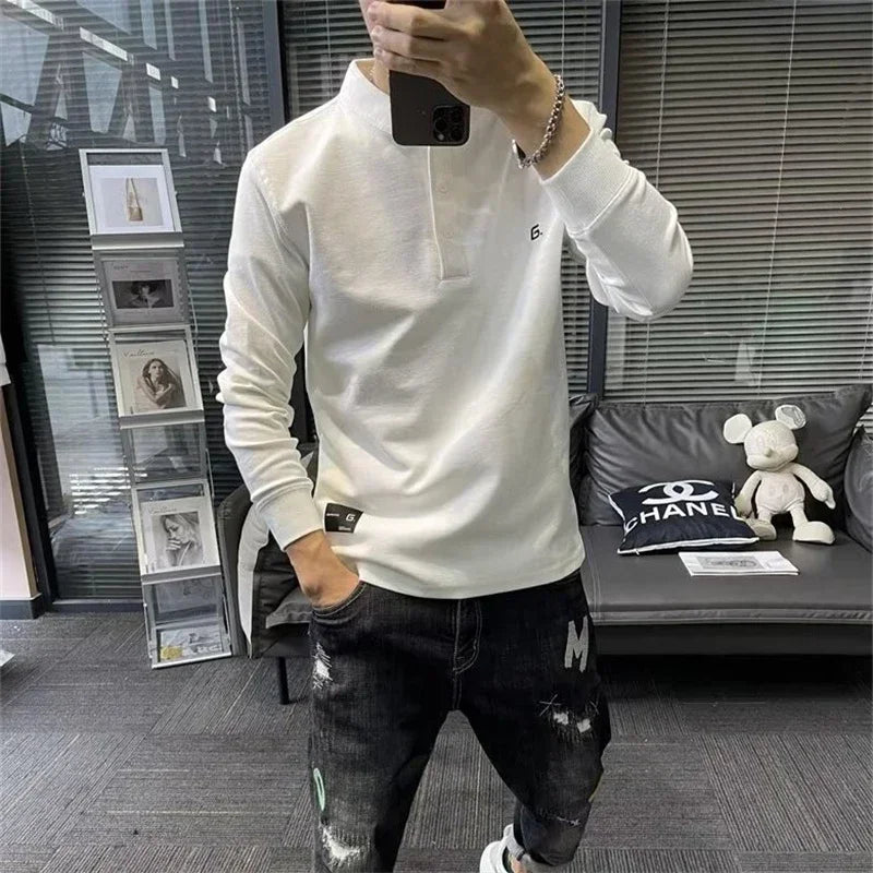 Herren Neu in Knopf Henley Neck Sweatshirts Frühling Brief Drucken Pullover Hoodies Casual Lose Y2K Streetwear Sudaderas Hombre