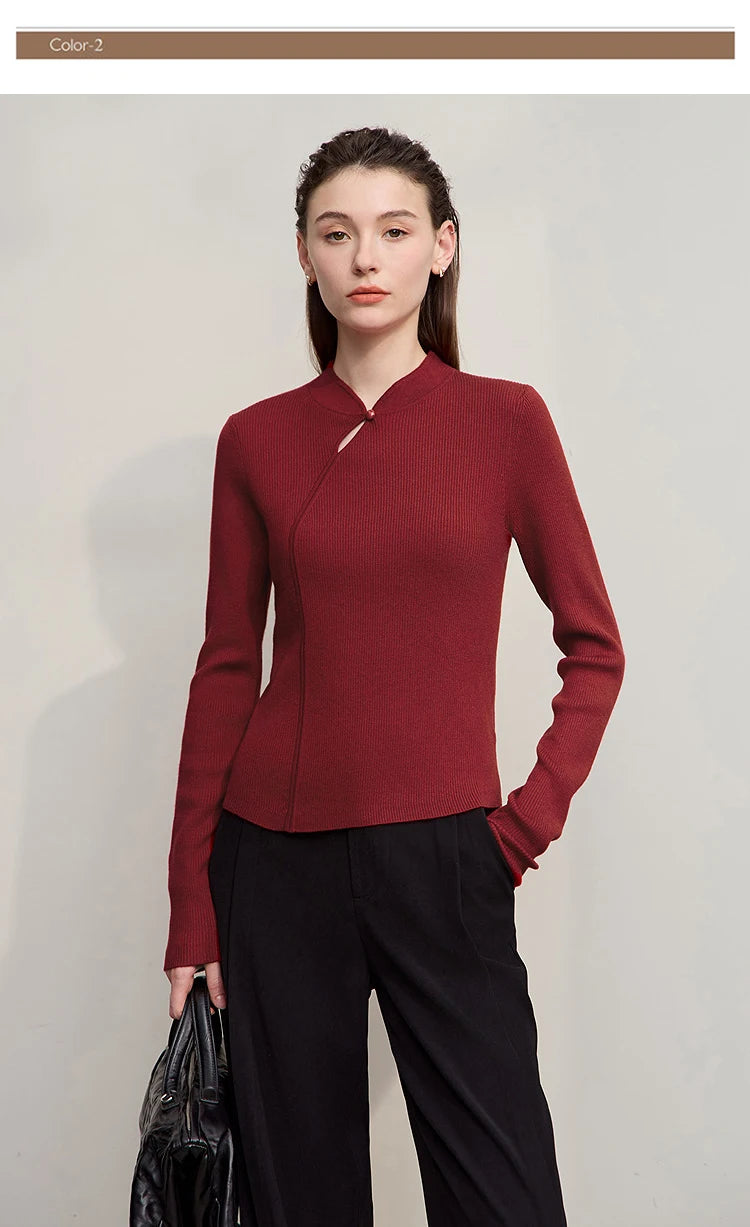 Bordeauxroter Damenpullover mit Cheongsam-Kragen, langärmlig, schmaler Schnitt, Knopf vorne