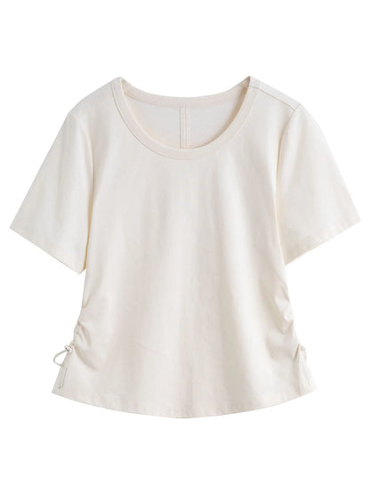 Beiges Damen-T-Shirt mit Rundhalsausschnitt und kontrastierendem Buchstaben-Print – ideal für den Sommer