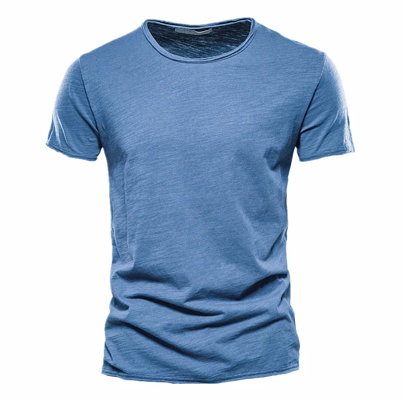 Herren-T-Shirt aus Baumwolle in Jeansblau, Rundhalsausschnitt, kurzärmelig