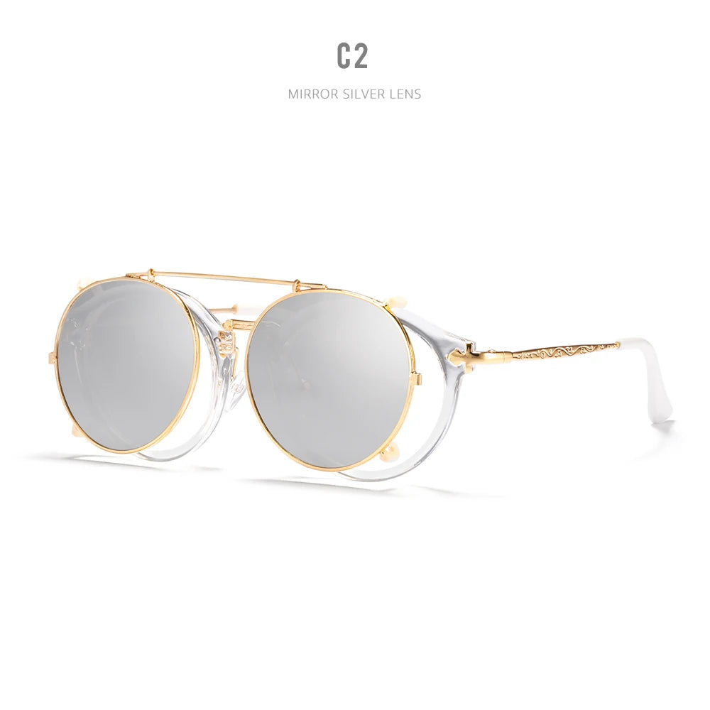 Sonnenbrille rund Steampunk Clip-On abnehmbar polarisiert Markenbox Herren